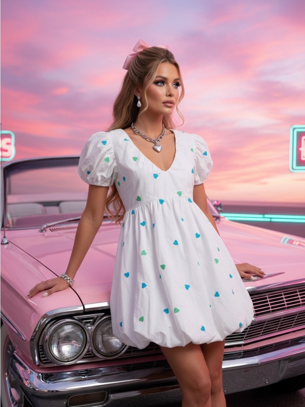 White Puff-Sleeve Mini Dress with Blue & Green Heart Motif